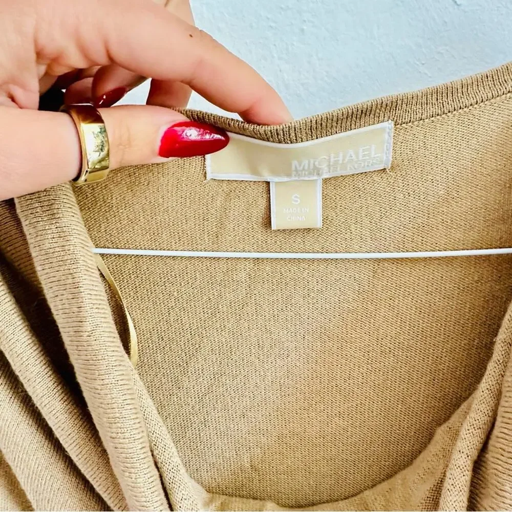 MK MICHAEL KORS Cream Tan Brown Leather Buckle Belt Cowl Neck Sweater Dress S